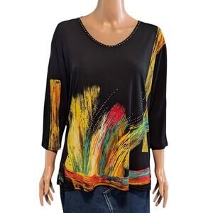 VALENTINA Size XL (SLIM) Signa Art-To-Wear Paint Brush 3/4 Sleeve Rhinestone Top